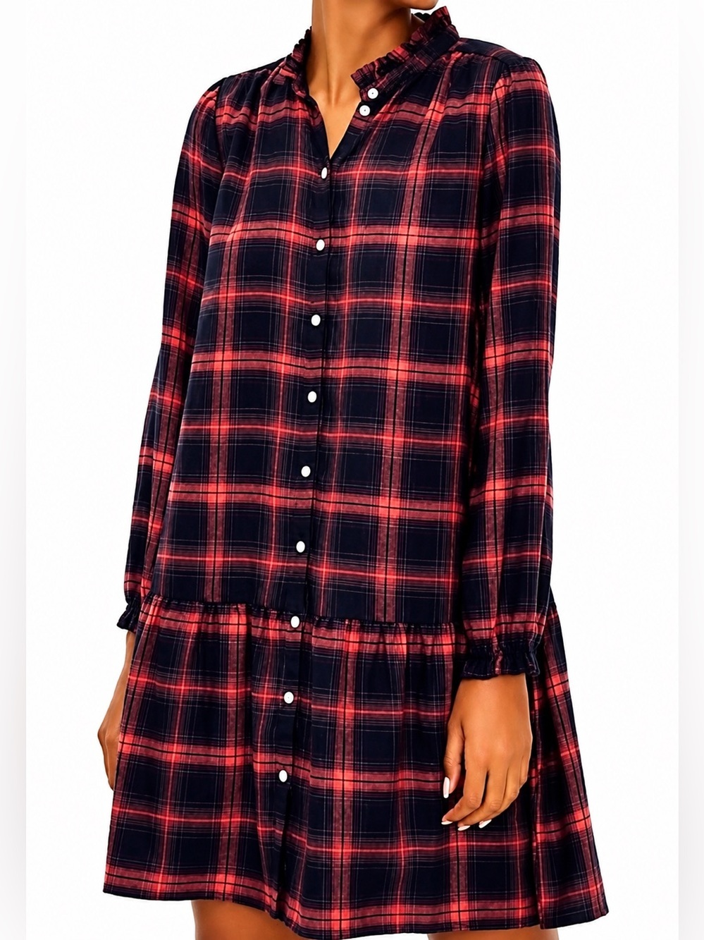 Loft red/navy plaid drop waist shirt dress, small